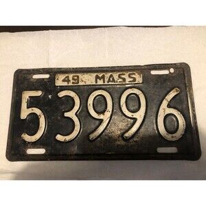 1949 Massachusetts Steel Black License Plate Vintage Rare Collectable